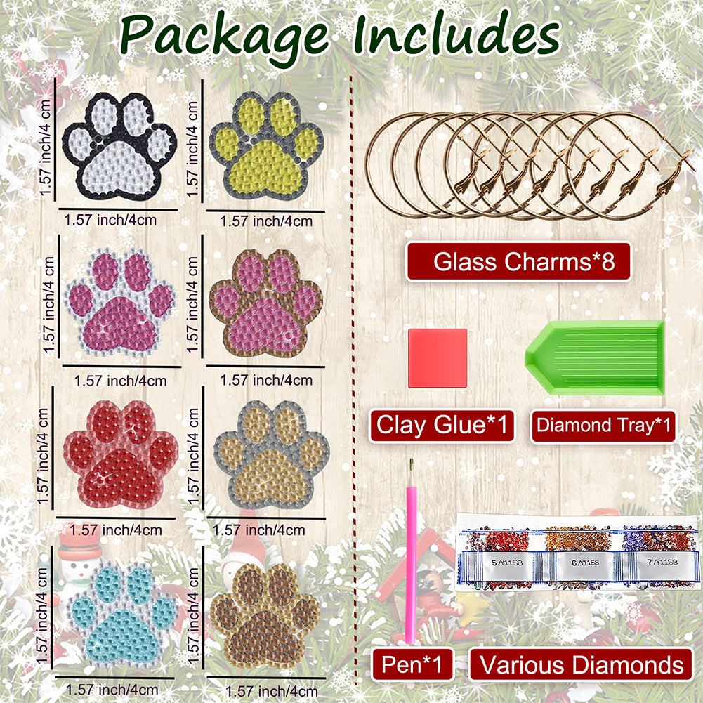 8PCS Diamond Painting Art Pendant Diamond Wine Glass Charms (Dog Paw #1)