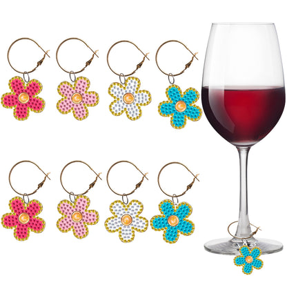 8PCS Diamond Painting Art Pendant Diamond Wine Glass Charms (Flower #2)