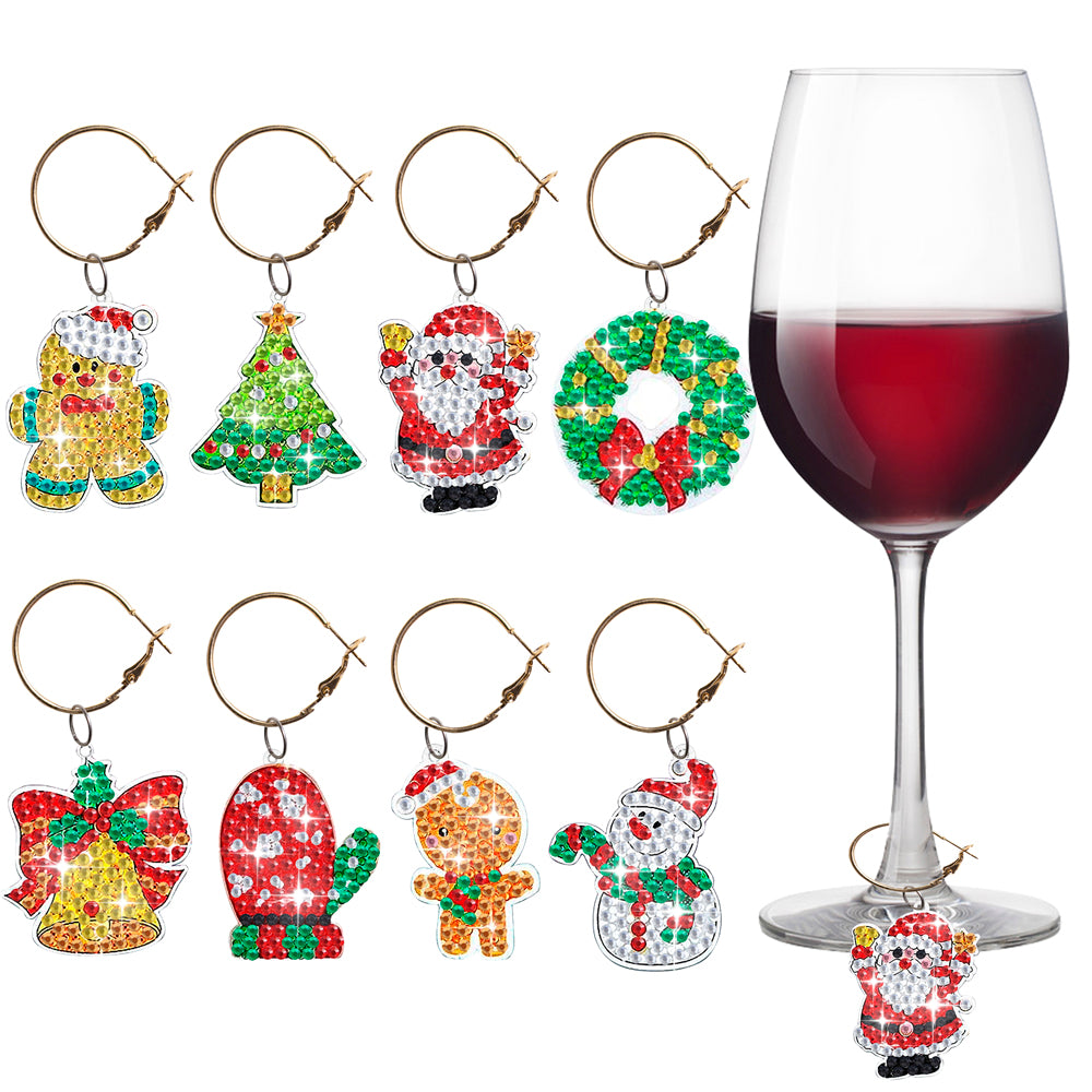 8PCS Diamond Painting Art Pendant Diamond Wine Glass Charms (Xmas Element #4)