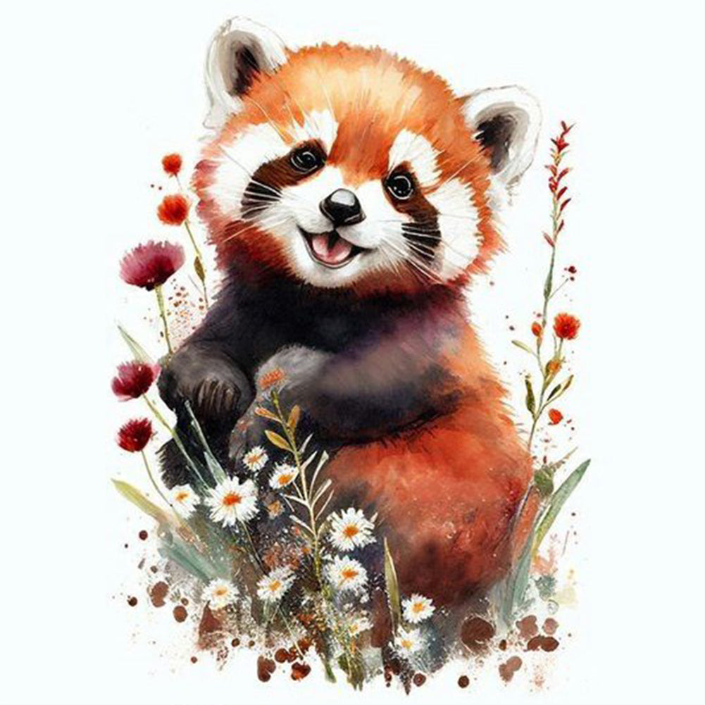 Red Panda And Flowers - Full Round Drill Diamond Painting 30*30CM