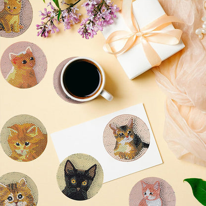 8PCS Special Shape Diamond Painting Art Coaster Kit with Holder (Cute Kitten)