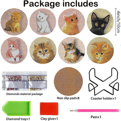 8PCS Special Shape Diamond Painting Art Coaster Kit with Holder (Cute Kitten)