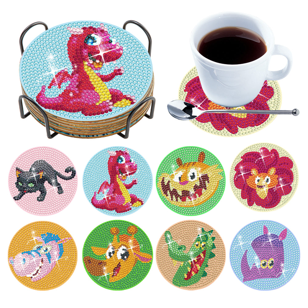 8PCS Special Shape Diamond Painting Art Coaster Kit with Holder (Cartoon Animal)