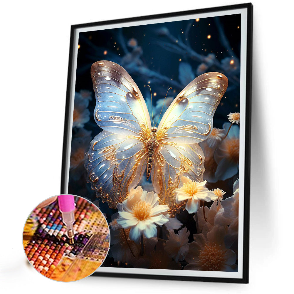 Butterflies And Glowing Flowers - Full Round Drill Diamond Painting 30*40CM