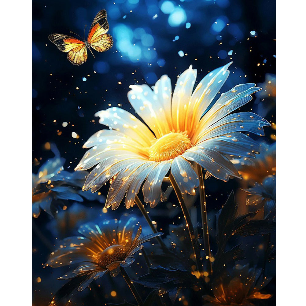 Butterflies And Glowing Flowers - Full Round Drill Diamond Painting 30*40CM