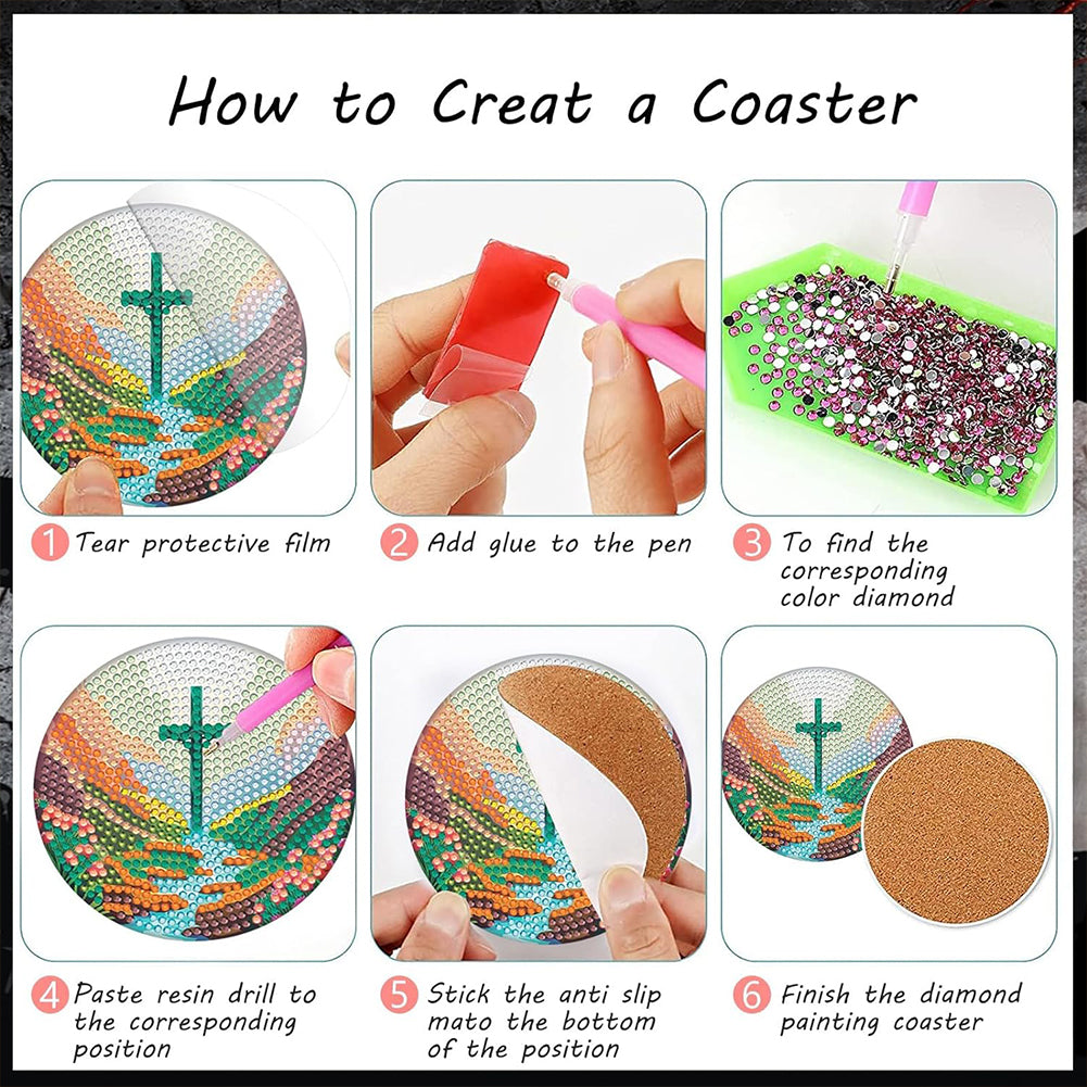 6PCS Special Shape Diamond Painting Crafts Coaster with Holder (Crucifix)