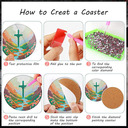 6PCS Special Shape Diamond Painting Crafts Coaster with Holder (Crucifix)