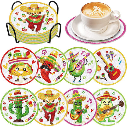 8PCS Wood Special Shape Diamond Painting Art Coaster Kit Mexican Style (#2)