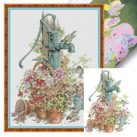 Water Pump And Flowers - 14CT Stamped Cross Stitch 33*42CM£¨Joy Sunday£©