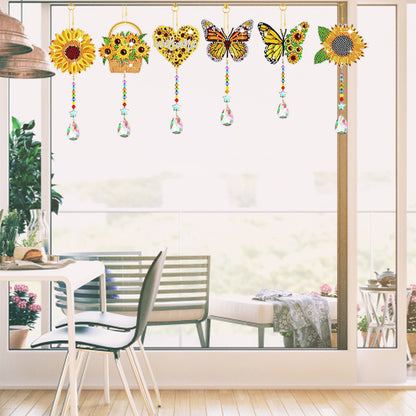 6PCS Suncatcher Double Sided Diamond Painting Art Pendant (Butterfly Sunflower)