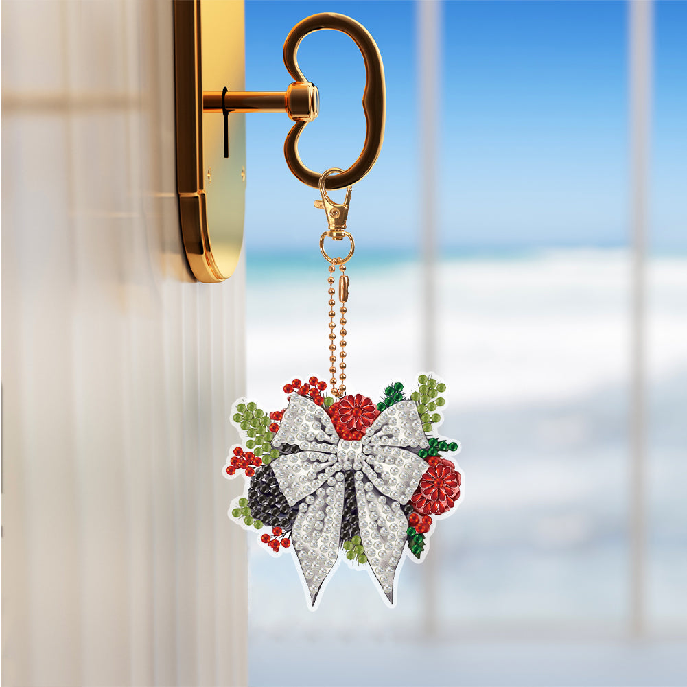 6PCS Double Sided Special Shape Diamond Painting Keychain (Christmas Bow)