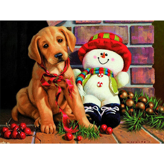 Christmas Dog And Snowman - Full Round Drill Diamond Painting 40*30CM