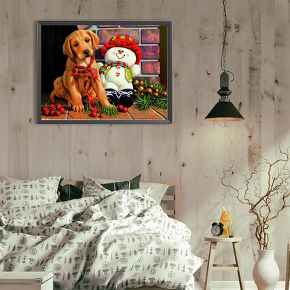 Christmas Dog And Snowman - Full Round Drill Diamond Painting 40*30CM