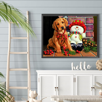 Christmas Dog And Snowman - Full Round Drill Diamond Painting 40*30CM