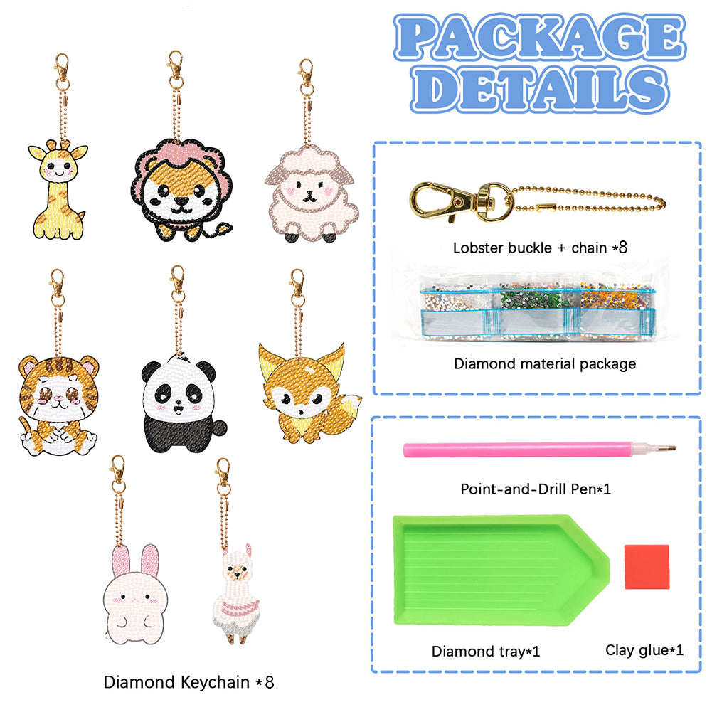 8PCS Double Sided Diamond Art Keyring Animals for Adult Kid Purse Handbag Decor