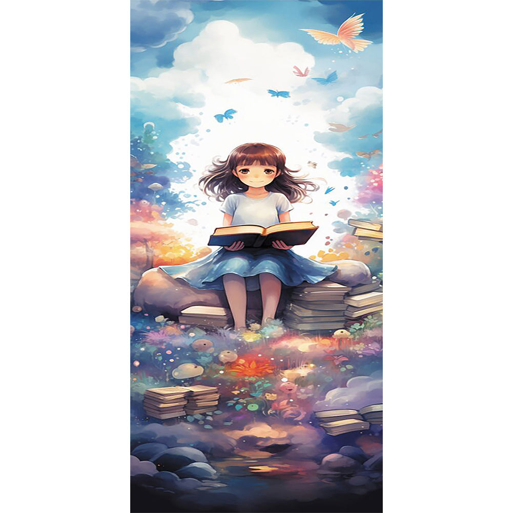 Girl And Book Against Blue Sky - Full Round Drill Diamond Painting 30*70CM