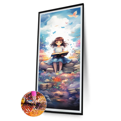 Girl And Book Against Blue Sky - Full Round Drill Diamond Painting 30*70CM