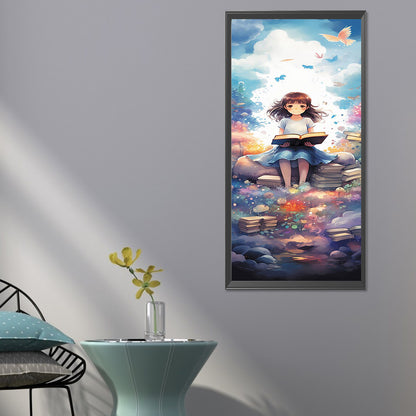 Girl And Book Against Blue Sky - Full Round Drill Diamond Painting 30*70CM