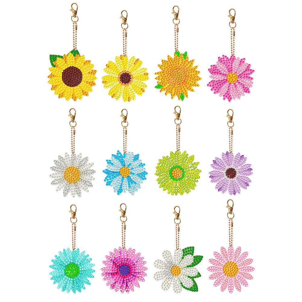 12PCS Double Sided Diamond Painting Art Keychain Pendant (Flowers)