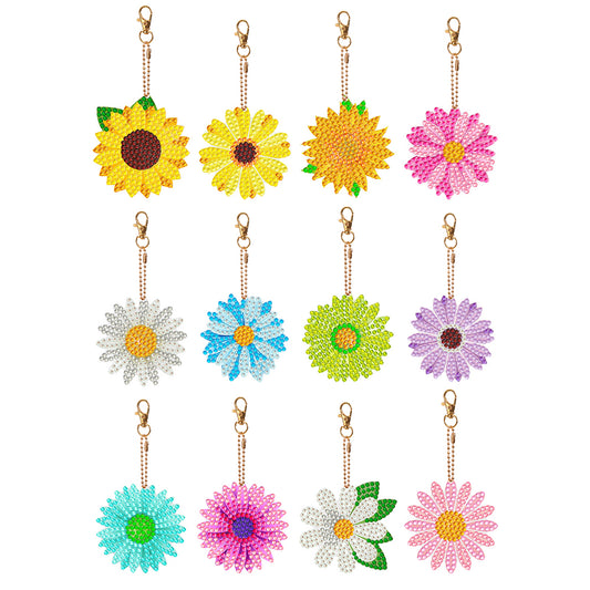 12PCS Double Sided Diamond Painting Art Keychain Pendant (Flowers)