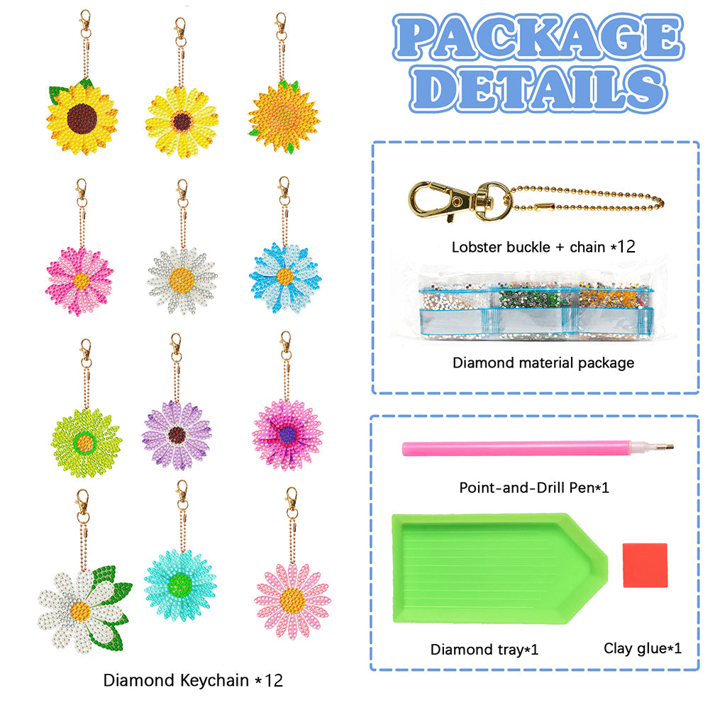 12PCS Double Sided Diamond Painting Art Keychain Pendant (Flowers)