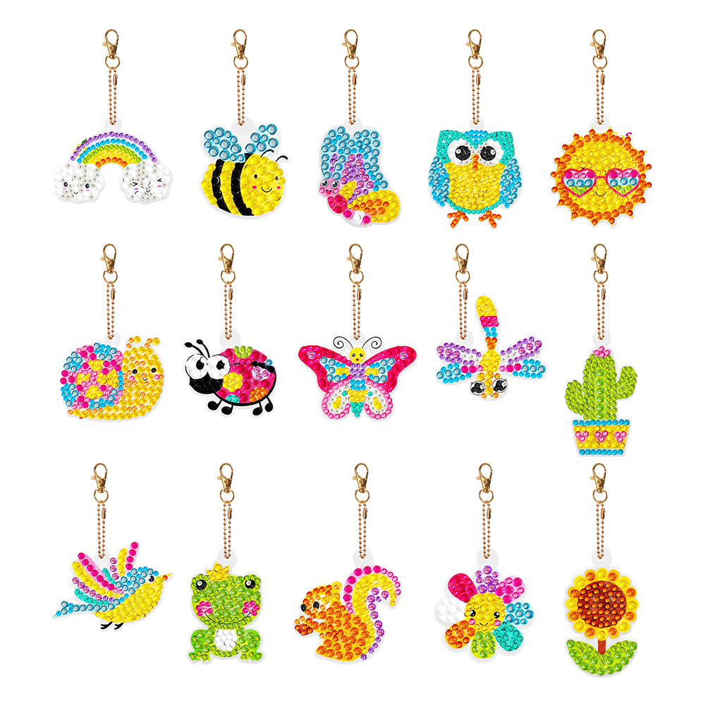 15PCS Diamond Art Keyring Bee Double Sided Diamond Painting Keychain Cactus Frog