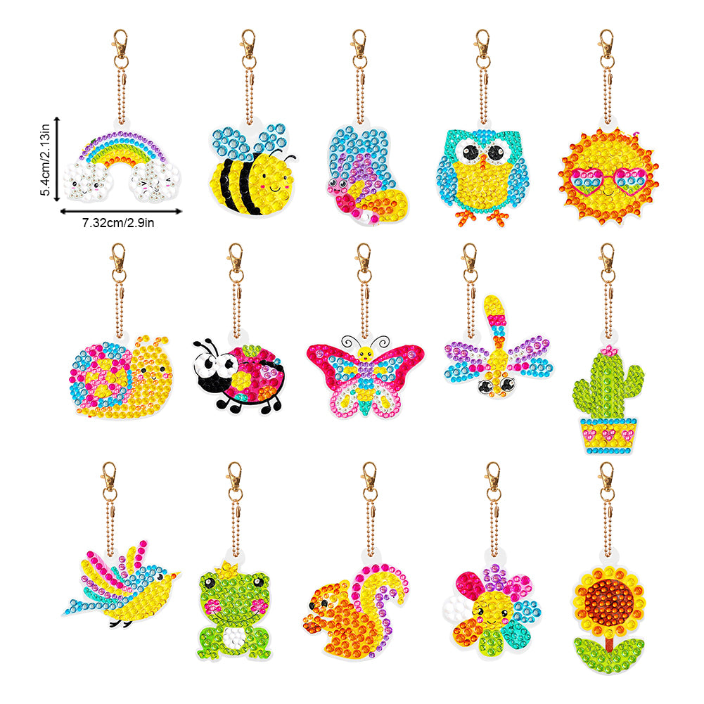 15PCS Diamond Art Keyring Bee Double Sided Diamond Painting Keychain Cactus Frog