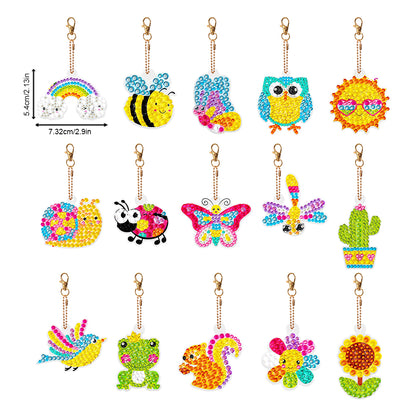 15PCS Diamond Art Keyring Bee Double Sided Diamond Painting Keychain Cactus Frog