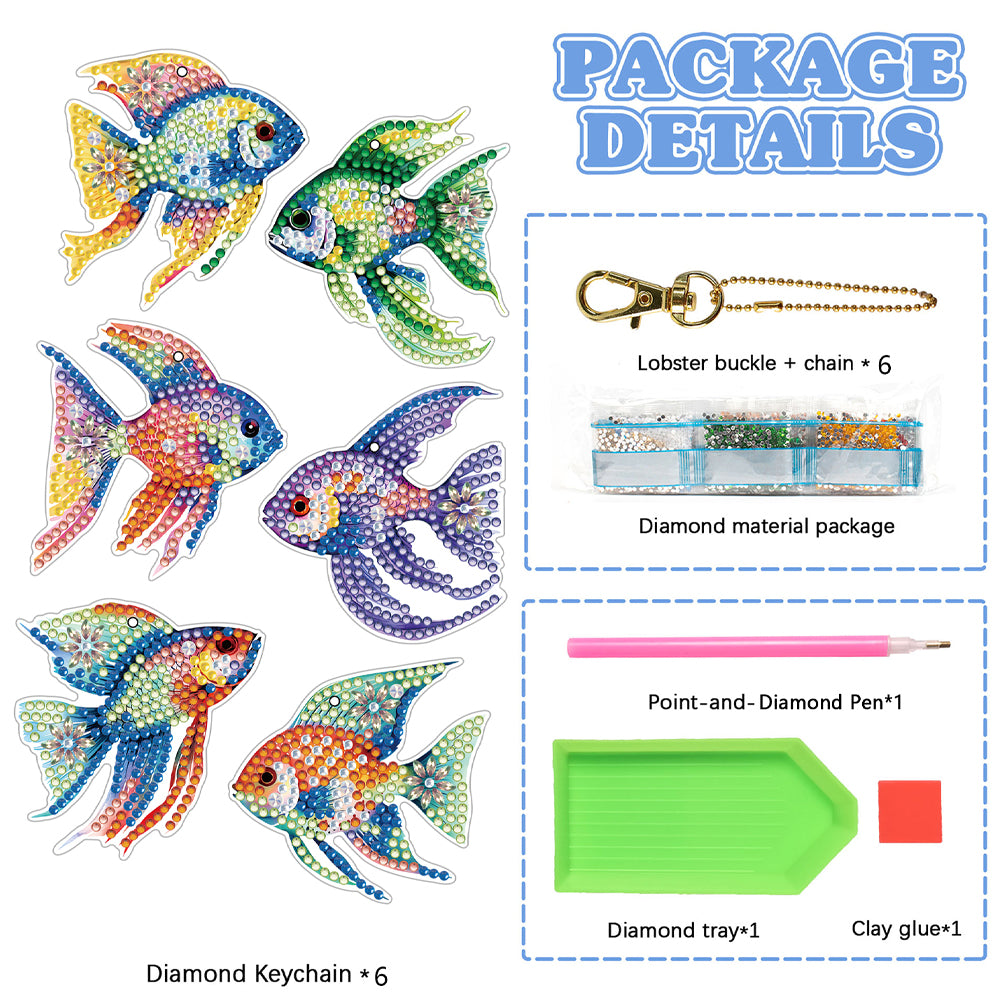 6PCS Double Sided Special Shape Diamond Painting Keychain (Flexible Fish)