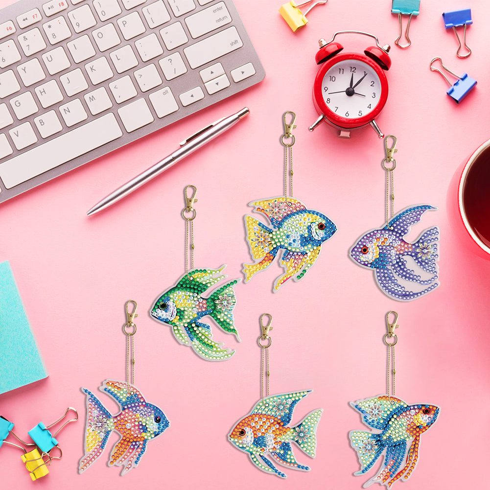 6PCS Double Sided Special Shape Diamond Painting Keychain (Flexible Fish)