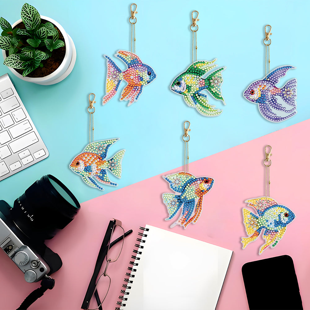 6PCS Double Sided Special Shape Diamond Painting Keychain (Flexible Fish)