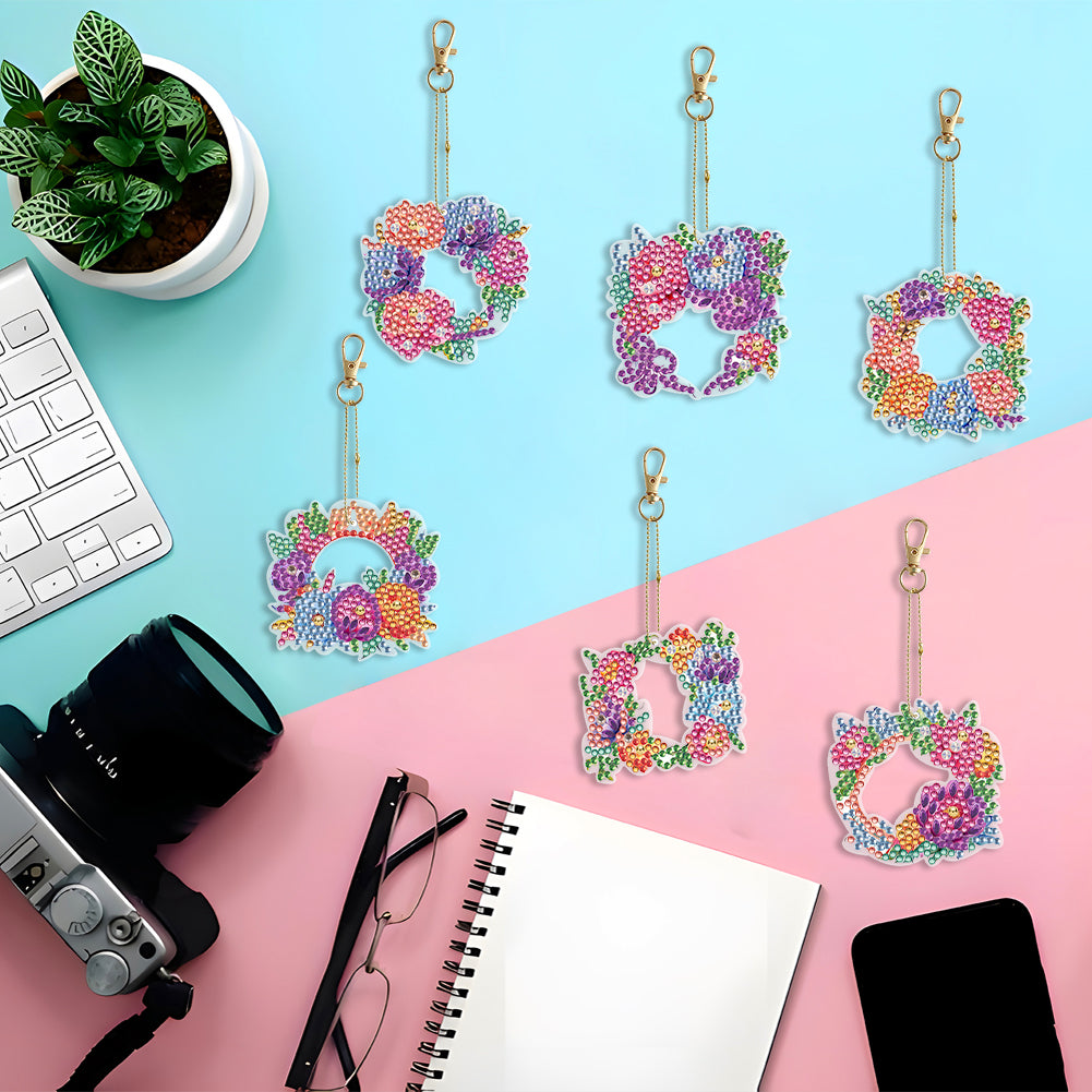 6PCS Double Sided Special Shape Diamond Painting Keychain (Flower Garland)