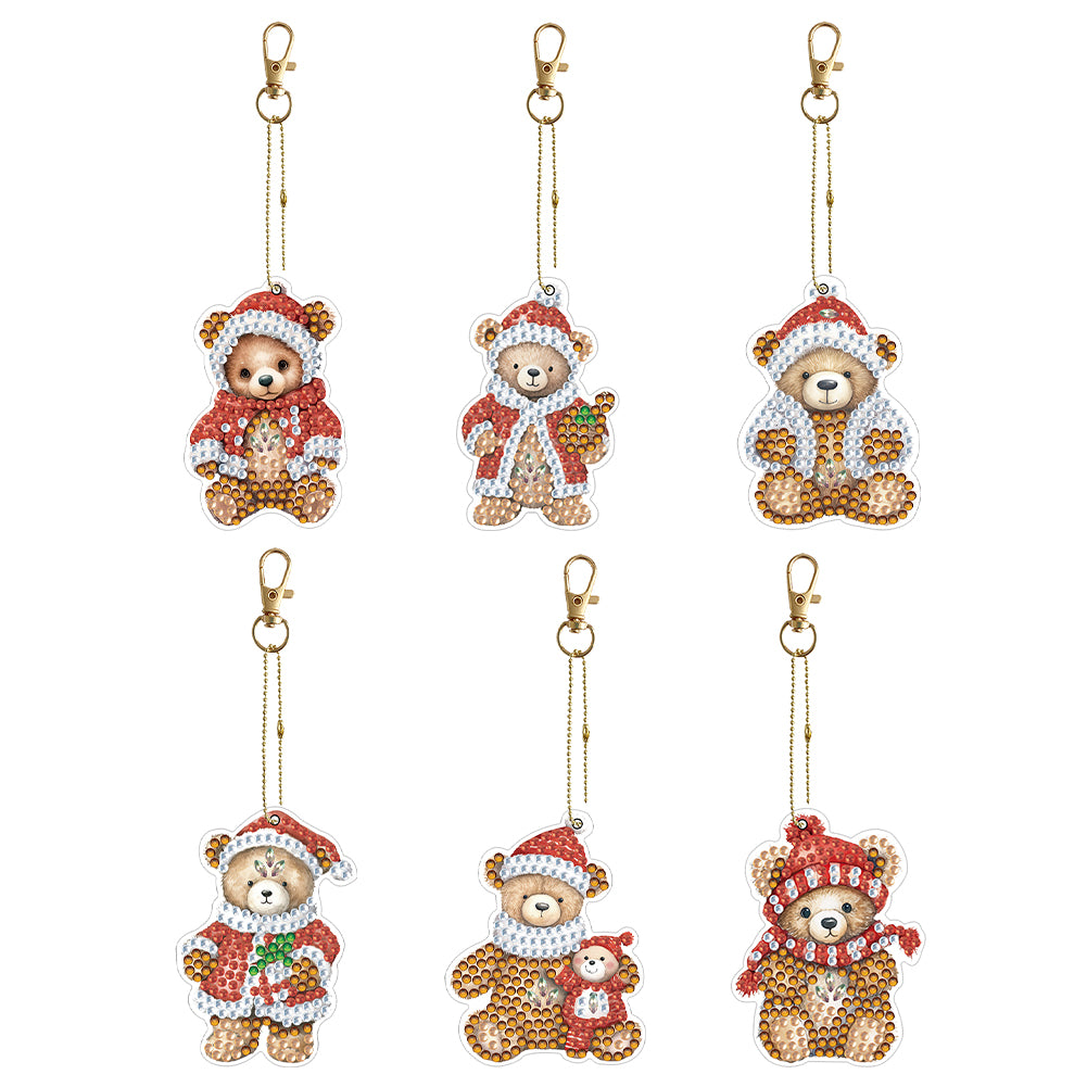 6PCS Double Sided Special Shape Diamond Painting Keychain (Christmas Bear)