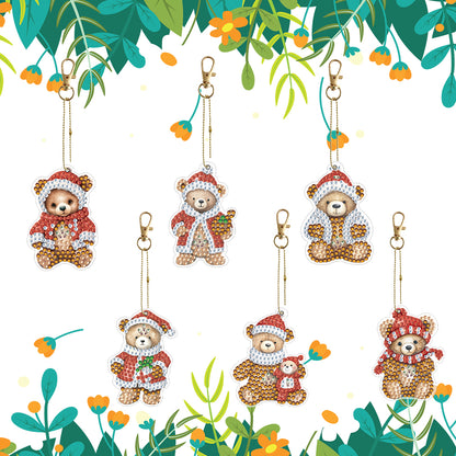 6PCS Double Sided Special Shape Diamond Painting Keychain (Christmas Bear)