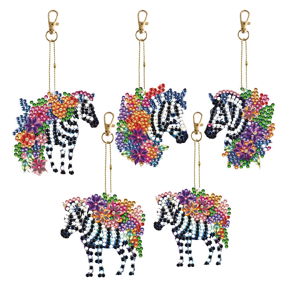 5PCS Double Sided Special Shape Diamond Painting Keychain (Flower Zebra)