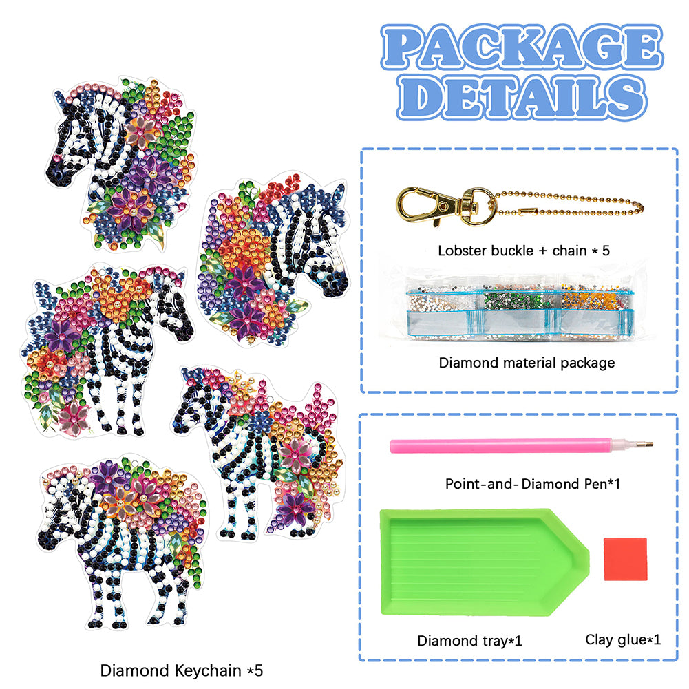 5PCS Double Sided Special Shape Diamond Painting Keychain (Flower Zebra)