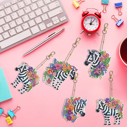 5PCS Double Sided Special Shape Diamond Painting Keychain (Flower Zebra)