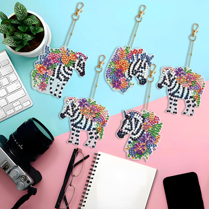 5PCS Double Sided Special Shape Diamond Painting Keychain (Flower Zebra)