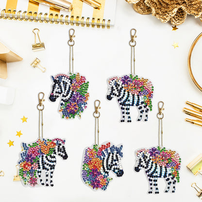 5PCS Double Sided Special Shape Diamond Painting Keychain (Flower Zebra)