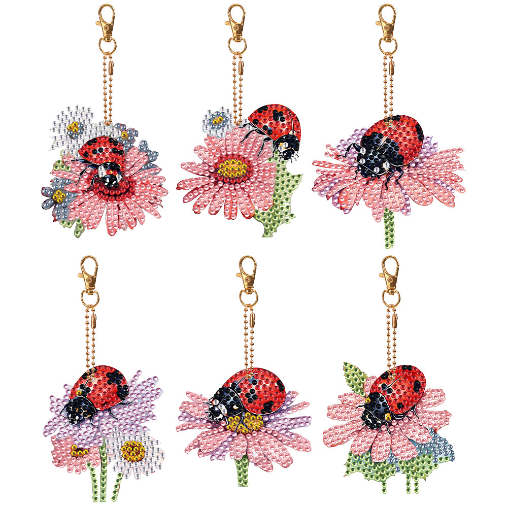 6PCS Double Sided Diamond Art Keyring Ladybird for Adult Kid Purse Handbag Decor