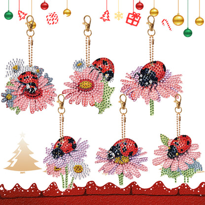 6PCS Double Sided Diamond Art Keyring Ladybird for Adult Kid Purse Handbag Decor