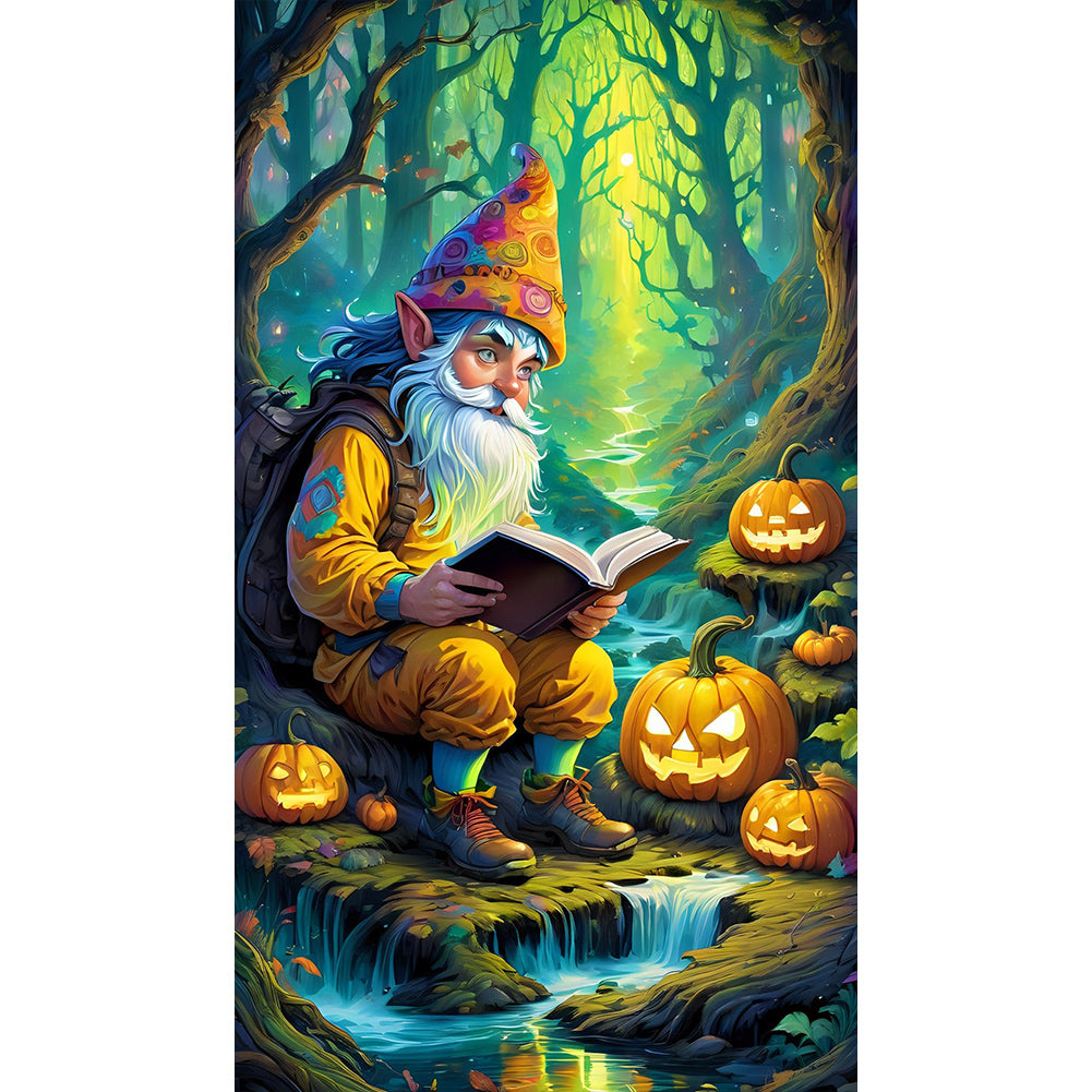 Pumpkin Lantern And Grandpa In The Forest - Full Round Drill Diamond Painting 40*70CM
