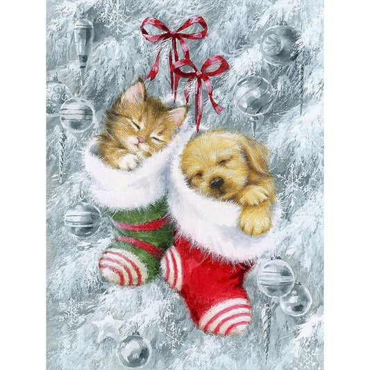 Kittens And Puppies In Christmas Stockings - Full Round Drill Diamond Painting 30*40CM