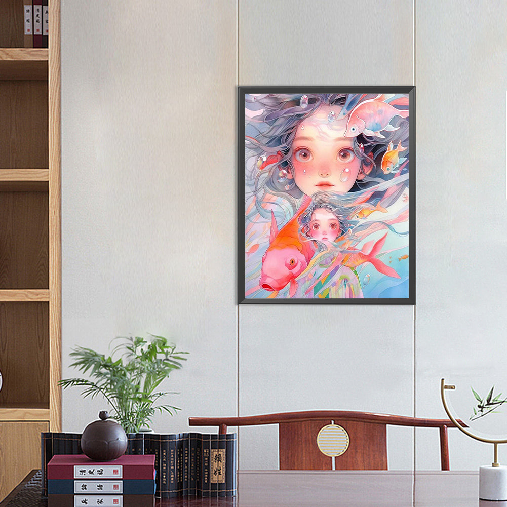 Goldfish And Girl - Full Round Drill Diamond Painting 40*50CM