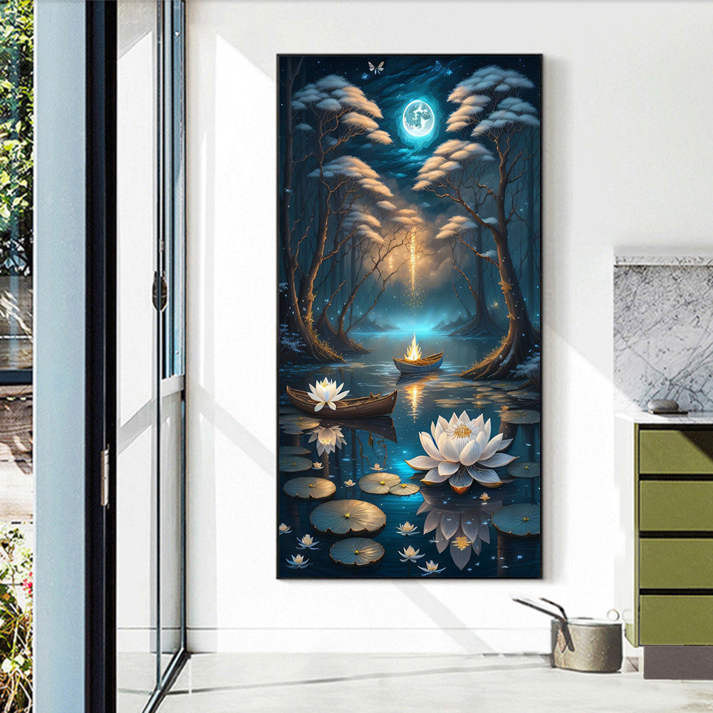 Lotus Shadow Under The Moon - Full Round Drill Diamond Painting 40*70CM