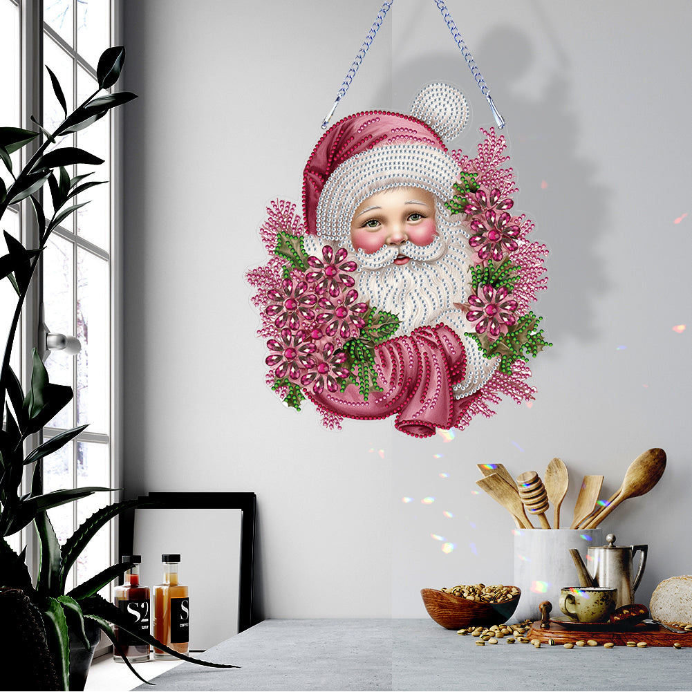 Acrylic Special Shape Diamond Painting Hanging Sign Pink Santa (#2)