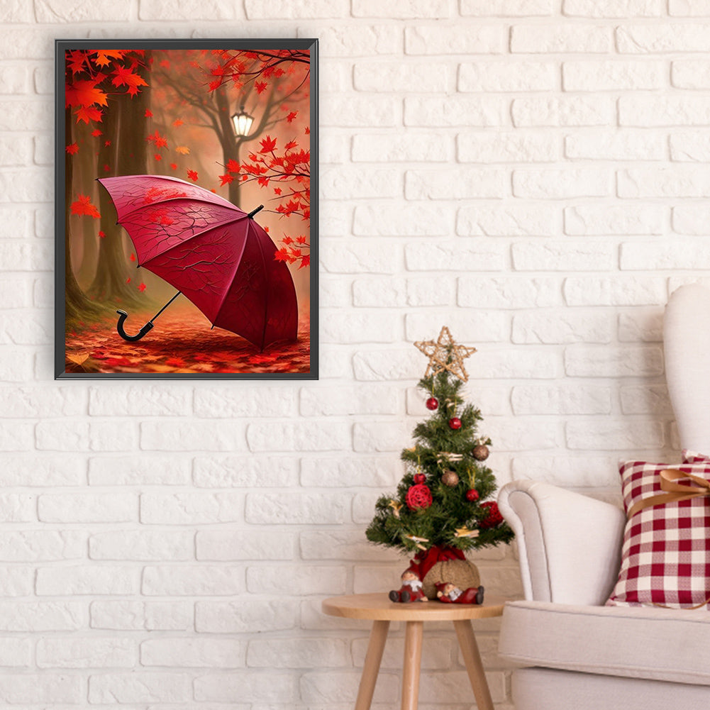 Red Umbrella In The Woods - Full Round Drill Diamond Painting 30*40CM