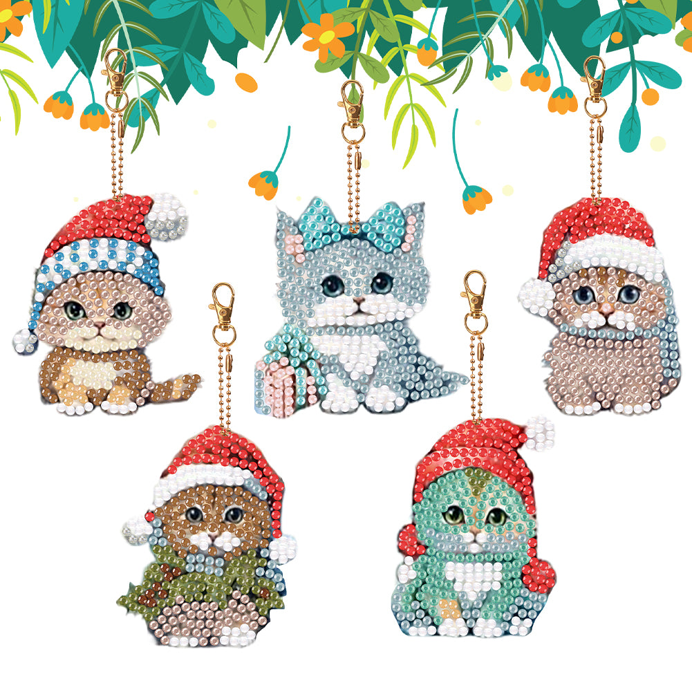 5PCS Double Sided Special Shape Diamond Painting Keychain (Christmas Cat)