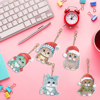 5PCS Double Sided Special Shape Diamond Painting Keychain (Christmas Cat)