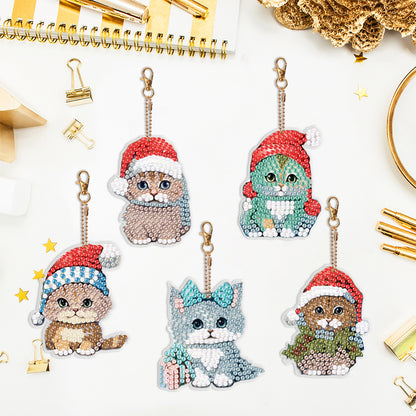 5PCS Double Sided Special Shape Diamond Painting Keychain (Christmas Cat)